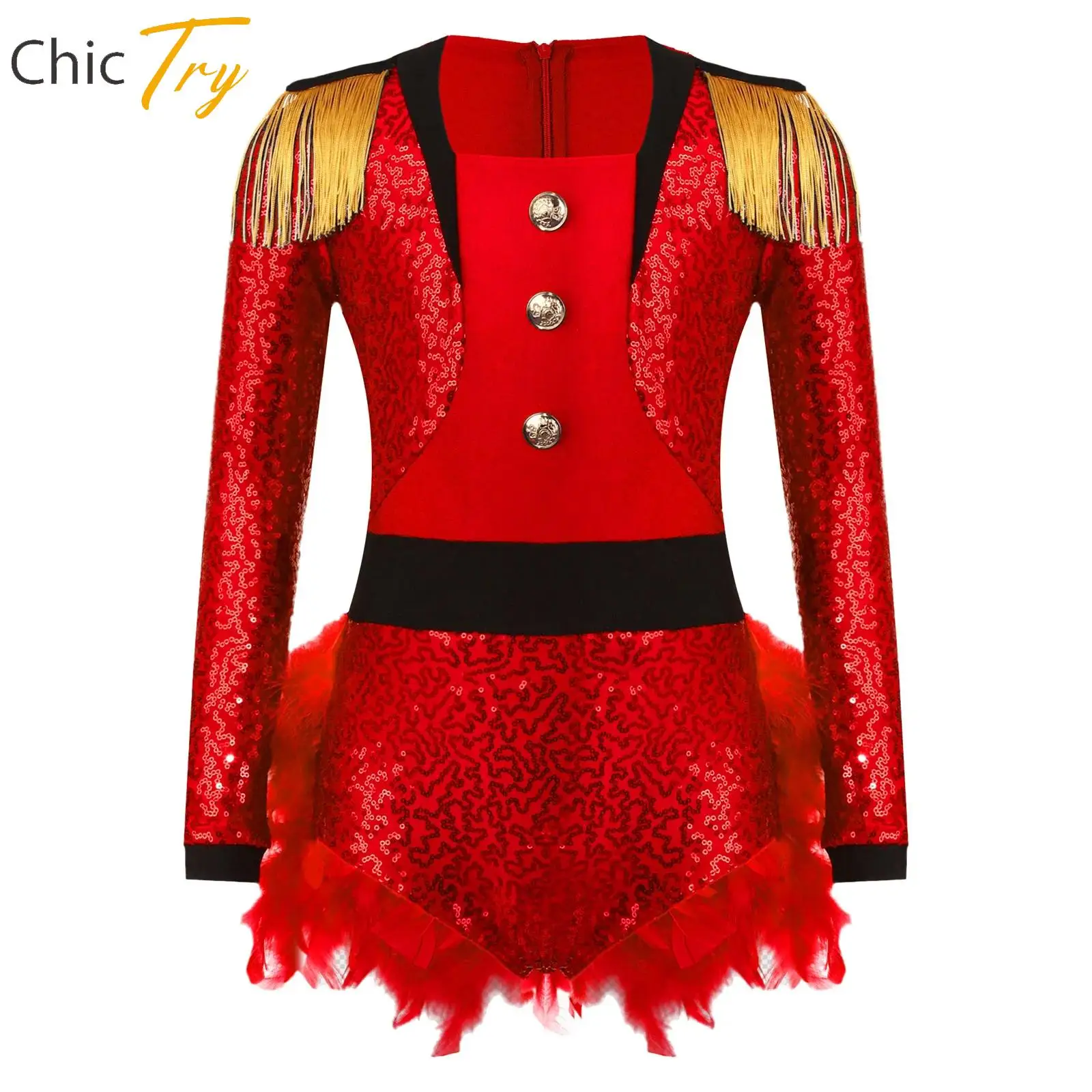 

Girls Circus Cosplay Costume Sequins Bodysuit Shoulder Tassels Long Sleeve Feathered Jumpsuit for Halloween Fancy Dress Up Party