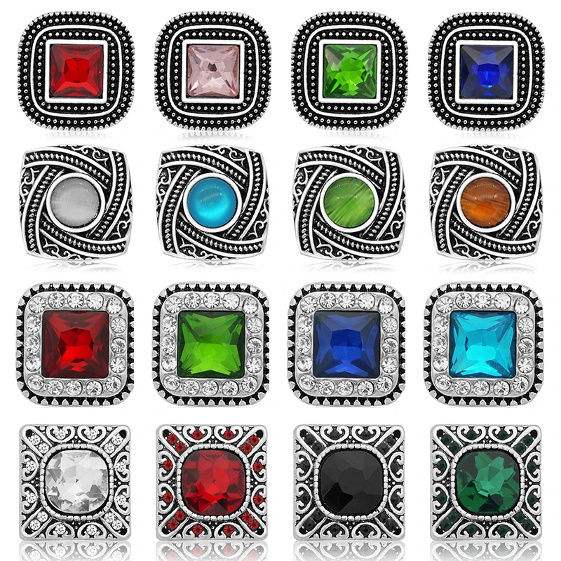 Square Retro Colorful Rhinestone Crystal Beauty Metal 18mm snap buttons for DIY 18mm snap jewelry Accessories Women Gift