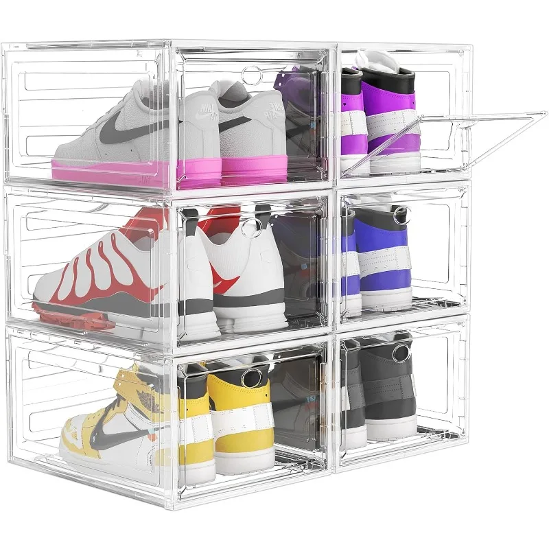 

Upgrade Harder Solid Plastic Shoe Organizer, Shoe Storage with Magnetic Front Door, Shoe Rack 6 Pack Boxes Clear Stackable