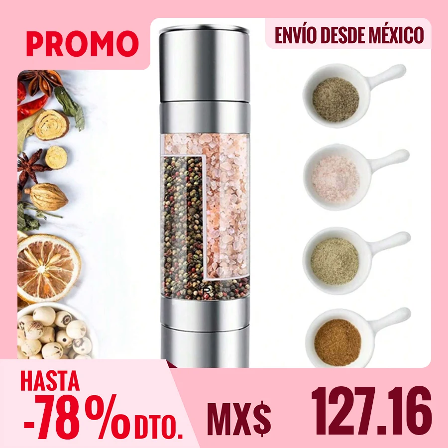 Molino de molienda de pimienta y sal 2 en 1 molino de cóctel de acero inoxidable, núcleo de molienda de cerámica y botella transparente con compartimento, que puede moler sal y pimienta al mismo tiempo
