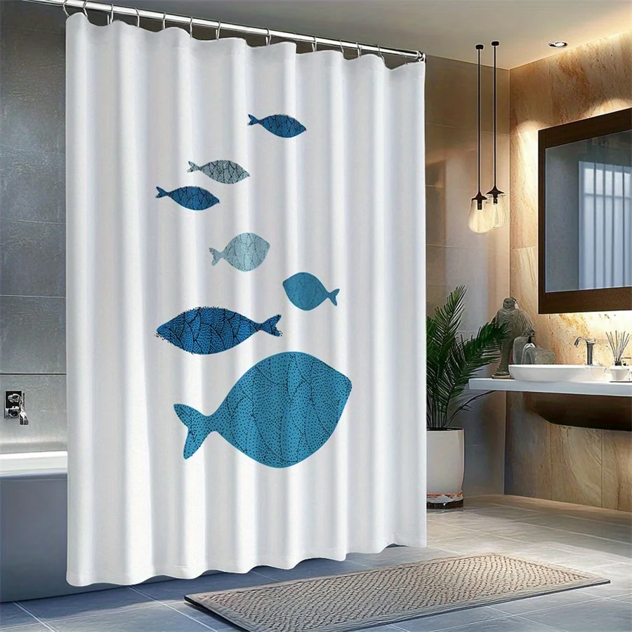 

Minimalist Fish Shower Curtain 180x180cm – Stylized Blue Geometric Pattern, Abstract Bathroom Decor, 12 Hooks