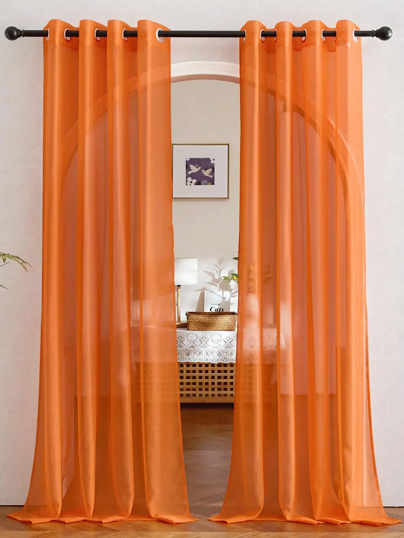 1pc Elegant Transparent Orange Organza Half-Sheer Rod Pocket Curtain, Modern Home Decor For Bedroom, Living Room, Kitchen, Bathroom, Multipurpose Room Decoration