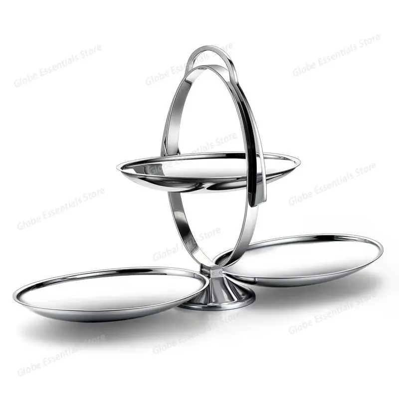 Nordic Stainless Steel Folding Tiered Serving Tray 3 Tiered Dessert Stand with Handle Snack Plate for Home decor Hotel Party