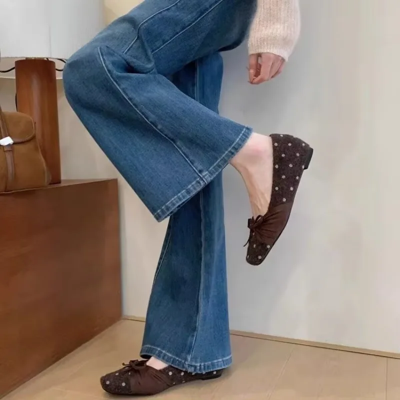 Women Polka Dot Woolen Ballet Flats Square Toe Bow Decor Soft Slip On Shoes Retro Casual Ladies Daily Dress Footwear