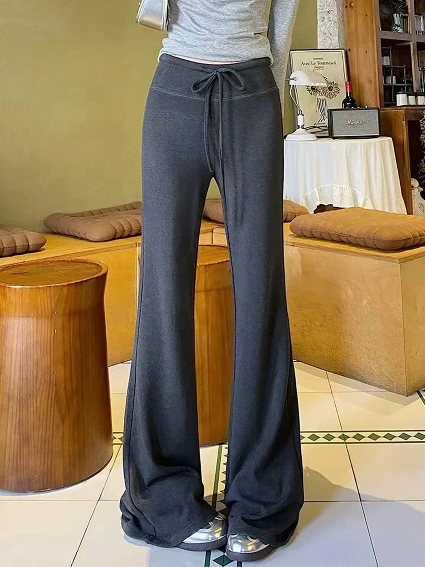 High Waist Thiened Fce Lined Slim Fit Casual Pants Women's Winter Wide Leg Pants Korean Sle Pure Color Elastic Waist