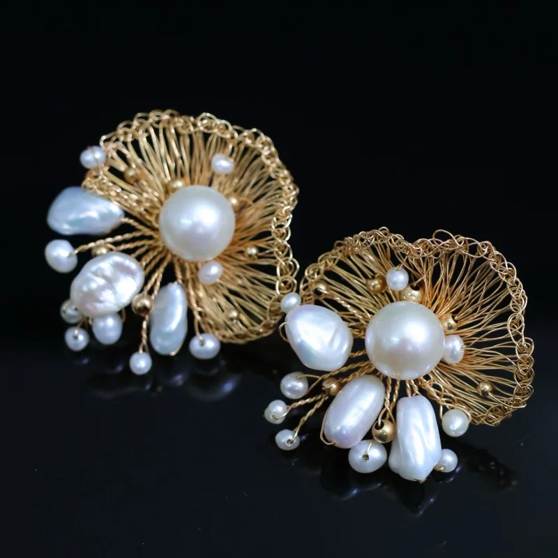 

SGARIT Original Handmade Big Geometric Natural Freshwater Pearl Earrings 14k Gold Filled Irregular Jewelry Earcuffs for Women