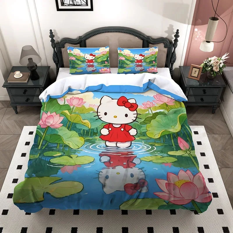 Hello Kitty 3Pcs Bed Set, 3D Lotus Pond Nature Flower Microfiber Duvet Cover With 2 Pillowcases For Girls Bedroom