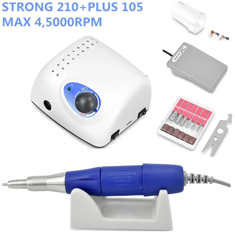 Regalo gratuito 2019 STRONG 210 plus 105 105L manipolo 65W 45000rpm trapani per unghie Manicure macchina Pedicure punte per lime elettriche