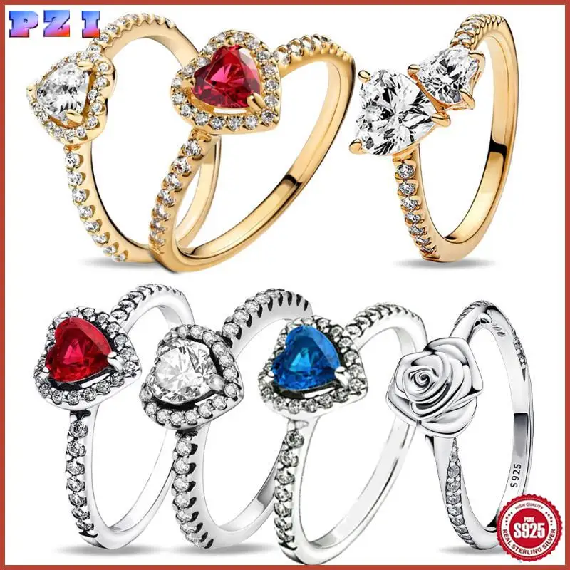 

925 Sterling Silver Ladies Fashion Elevated Ring With Sparkling Heart Shaped Zirconia in Red Blue and White Couple Date Gift