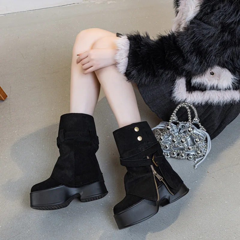 

11cm Fall/Winter Detachable Cuff Ankle Boots Women Chunky Sole Leather Boots Stacked Shaft Design Trendy Maillard Brown boot