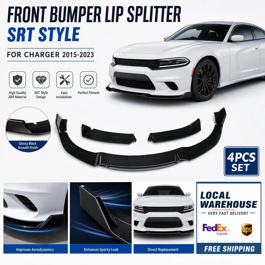 For Dodge Charger 2015-2023 SRT-Style Glossy Black Front Bumper Lip Splitter Spoiler 4Pieces Air Bodykit