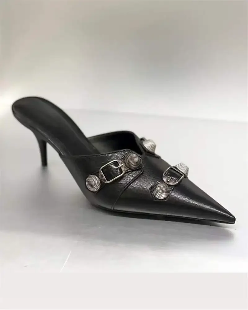 Women New Rivet Slip On Pumps Metal Zipper Motorcycle Style Belt Buckle Pointed Toe Knee High Shoes Aged-silver Studs High Heels
