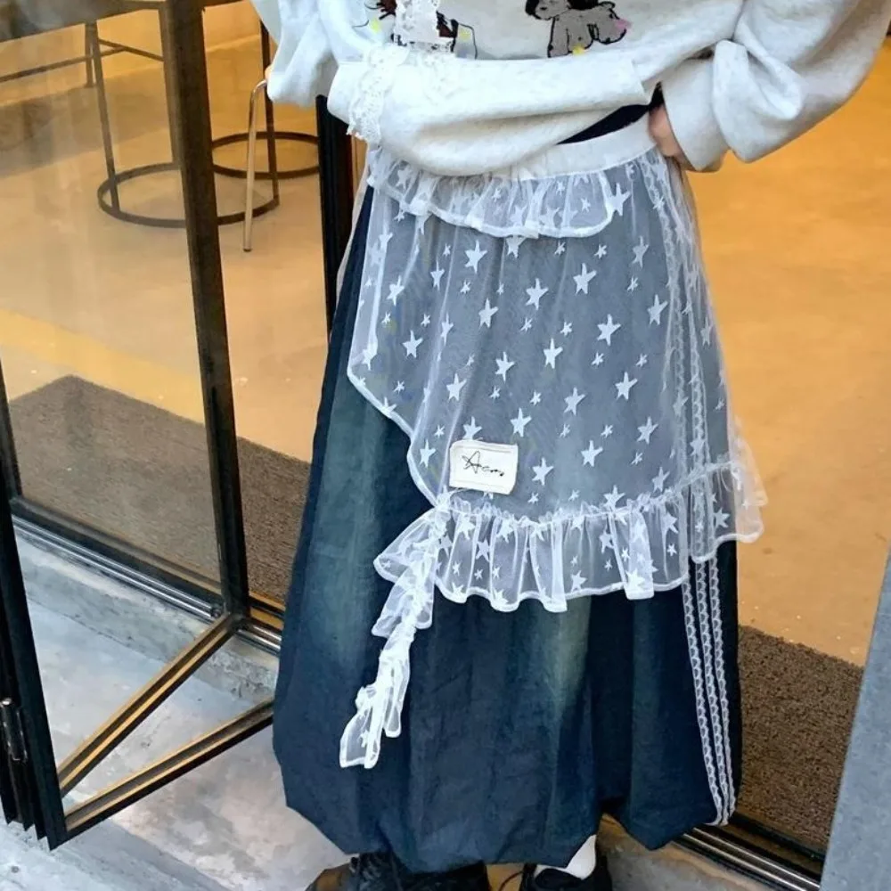 Mini saia de renda estrela macia estilo japonês saia de gaze irregular cintura alta rendas babados borda saia feminina
