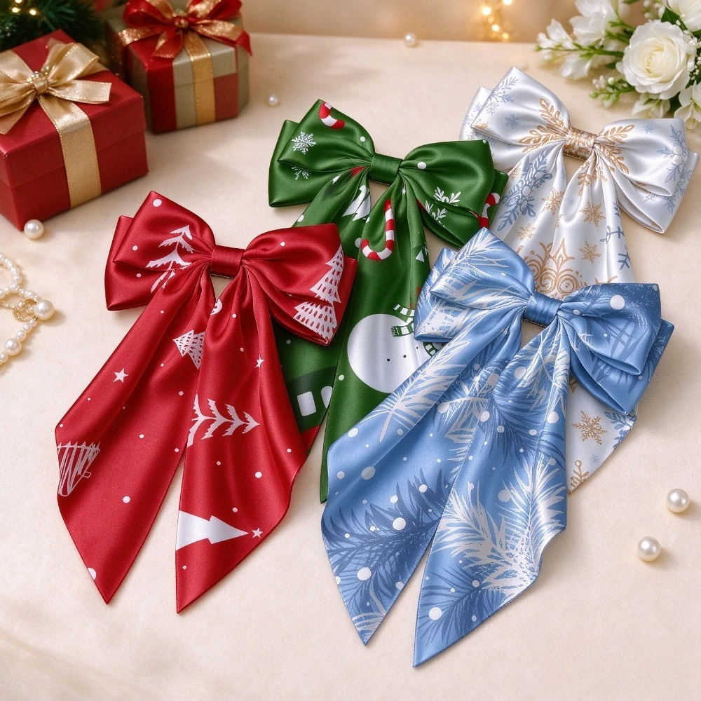 Christmas Satin Long Tail Bow Hair Clip, Big Bow Hair Clips for Girls Hair Bows Clips Oversized Long Tail, Large Hair Barrettes