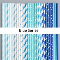 25pcs Disposable Paper Straws Degradable Paper Blue Series Party Tableware Wedding Decoration Supplies Kids Birthday