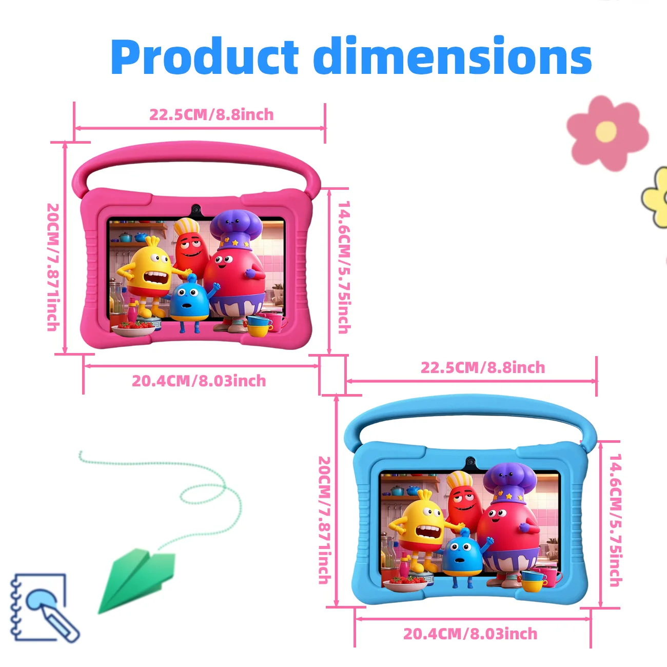 Tablet infantil de 7 polegadas, tablet infantil com controle de pais, câmeras duplas, presentes infantis para o Natal e aniversário. Rosa/Azul