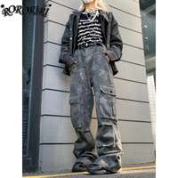 RORORIRI Multi-pocket Stitch Rivets Denim Cargo Pants Women Low Rise Do Old Pintuck Wide Flare Jeans Vintage High Street Clothes