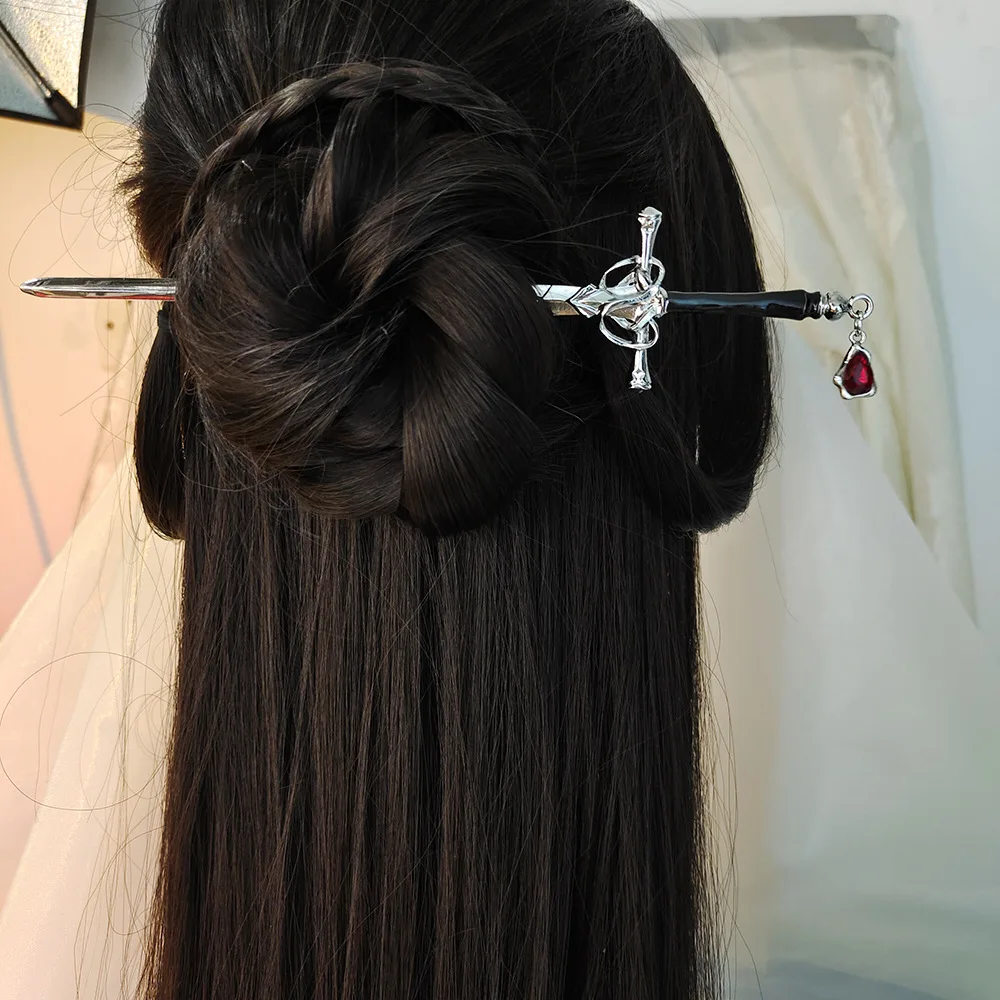 Chinese Sword Shaped Hair Stick Vintage Metal Hairpin Chosptick Elegant Hanfu Accessory Ancient Cosplay Decor Hair Bun Jewelry