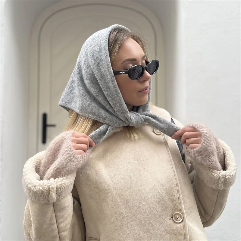 Womens Multi Wear Triangular Scarf Wool Blend Heather Gray Plain Hue Soft Head Wrap Light Thermal Shawl For All Occasions