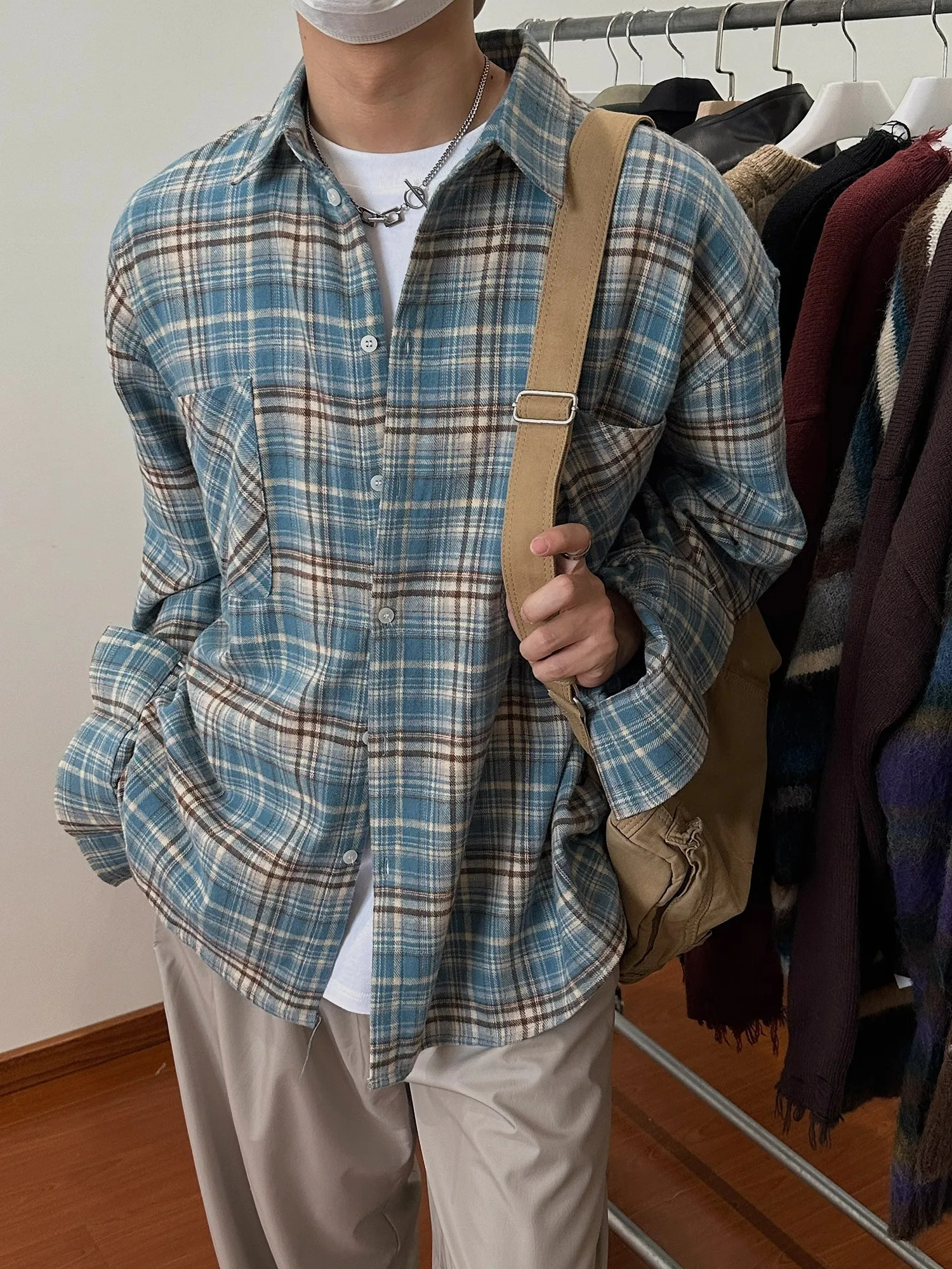 Retro American Flannel Plaid Long Sleeve Shirt Men Women Spring Autumn Accordion Pocket Lazy Style Couple Shirt Jacket Trendy