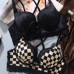 Thickened gathering underwear for women's suit, anti sagging chessboard checkerboard, beautiful back bra