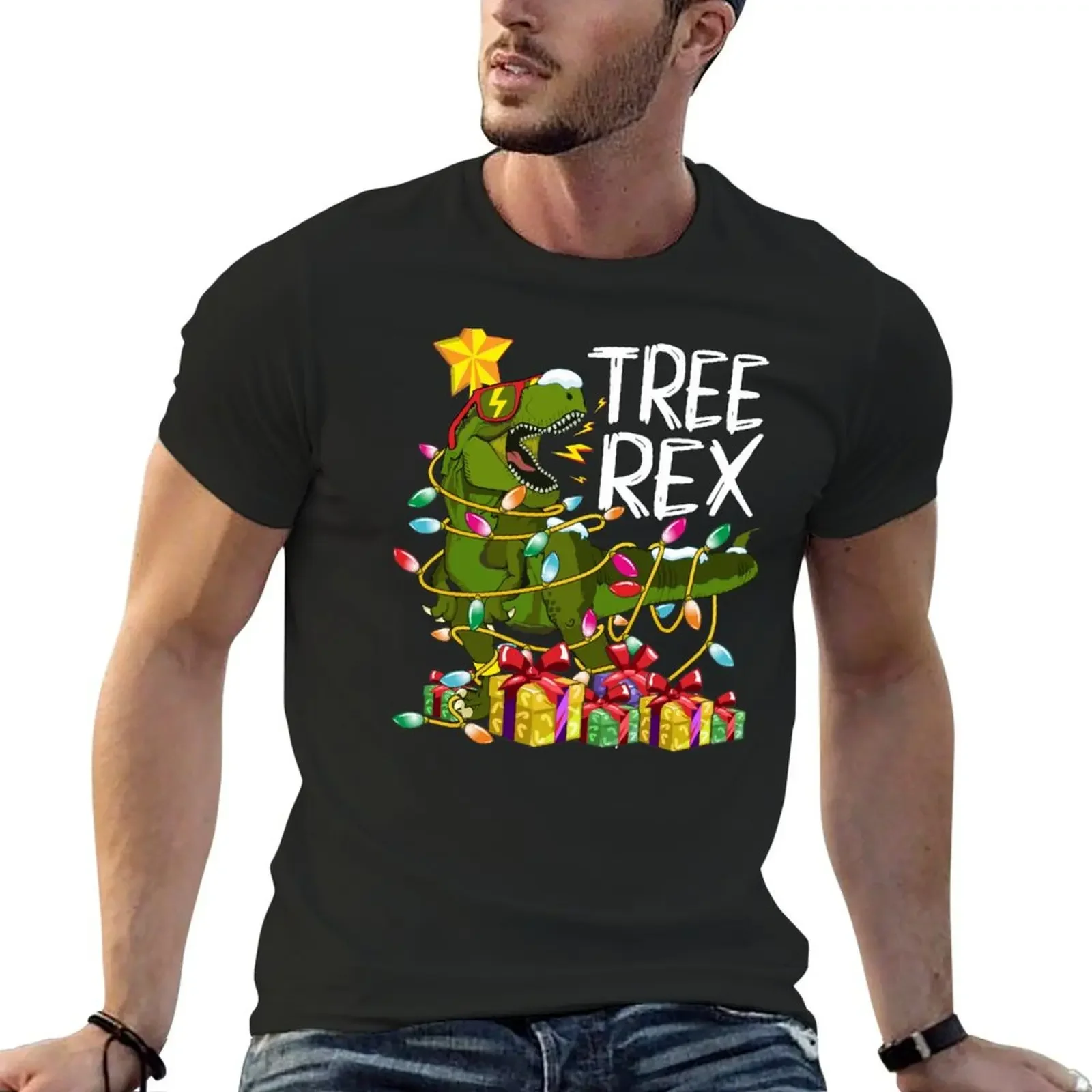 Christmas Tree Rex Dinosaur Tangled in Xmas Lights Garland T-Shirt anime tshirt oversized graphic tee men t shirts high quality