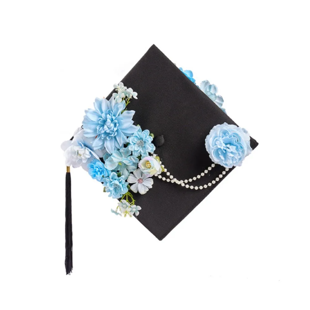 

Trencher Cap DIY Flowers Graduation Cap Mortar Board Bachelor Academic Hat with Tassels Fringe Charm Ornament