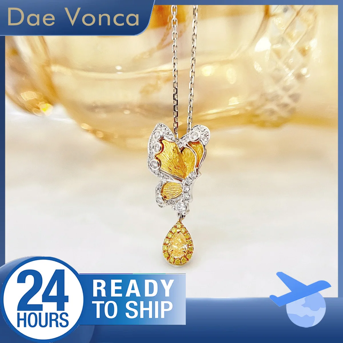 

Butterfly Shaped 18K White Gold Total 0.34ct Natural Diamond Necklace Center Stone Yellow Pear Cut Halo Natural Diamond Necklace
