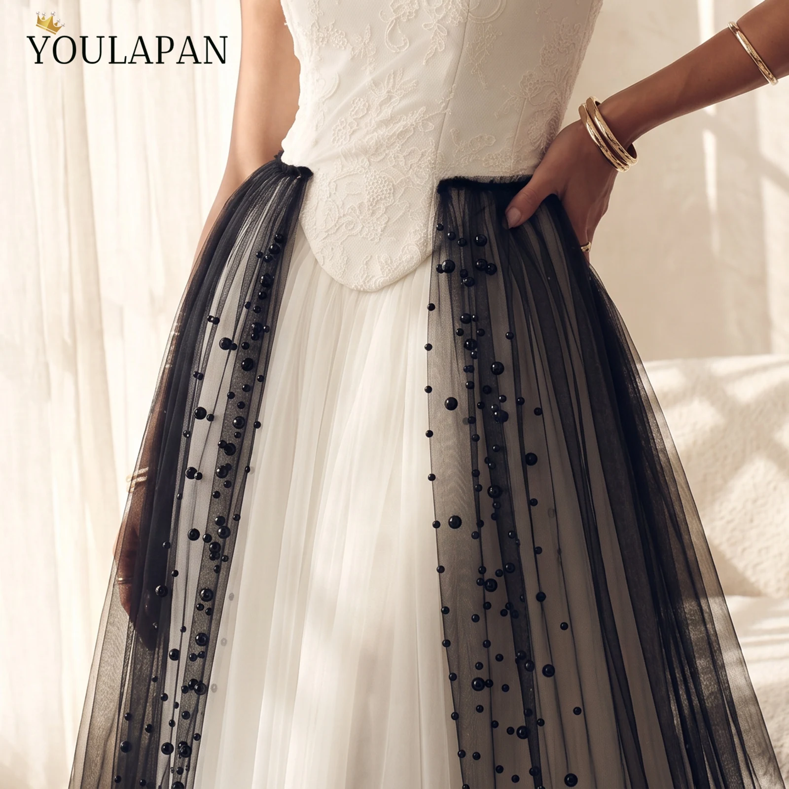 TOPQUEEN Black Pearl Tulle Over Skirt Detachable Wedding Train For Evening Prom Party Gothic Bride Wedding Accessories VB12