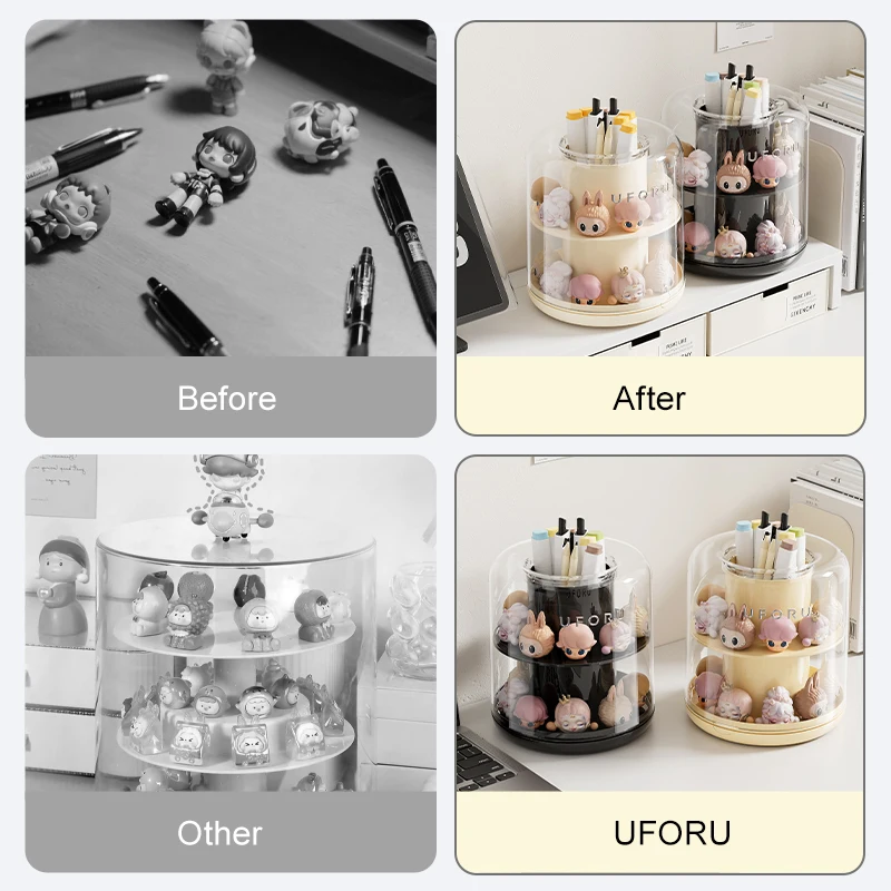 360 ° Rotating Pen Holder - Large Capacity Dustproof Transparent Thick Plastic Desktop Storage