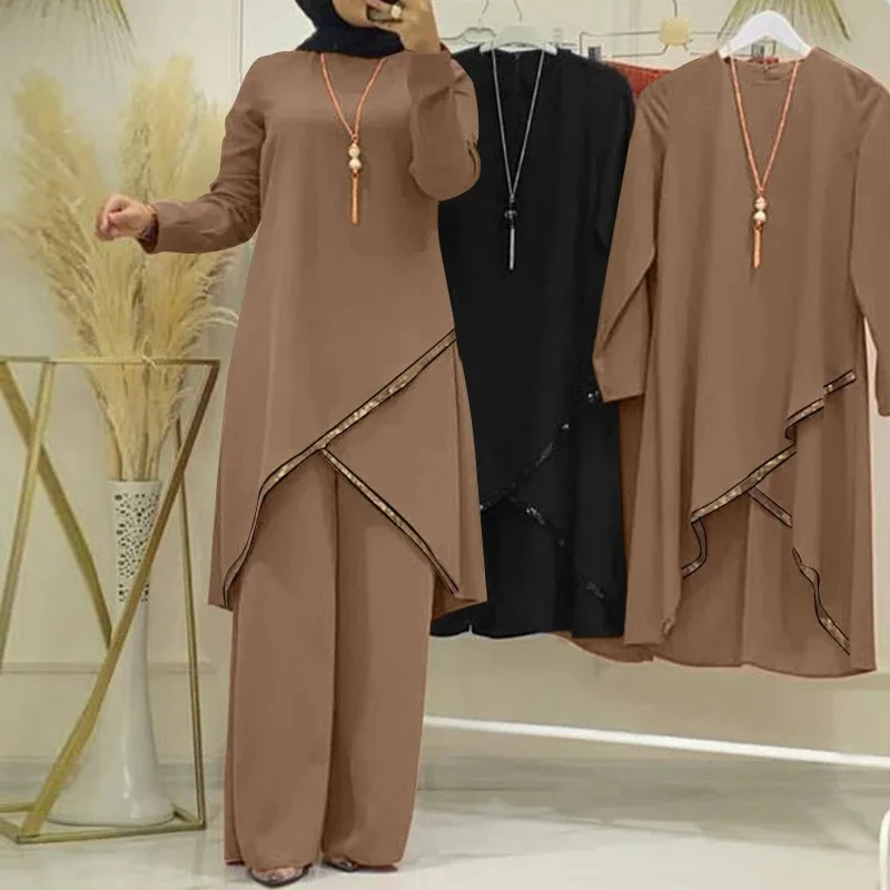 H720 # Spring And Autumn Muslim Two-Piece O-Neck, Long Sleeved Shirt, Wide Leg Pants Set, Casual Women's Set