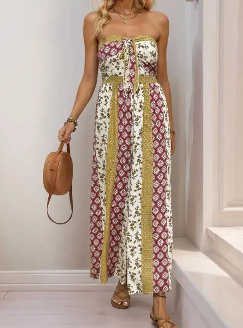 

Women's Jumpsuit 2025 New Elegant Sexy Jumpsuit Vacation Style Sleeveless Strapless Geometric Printed Jumpsuit Female Clothing