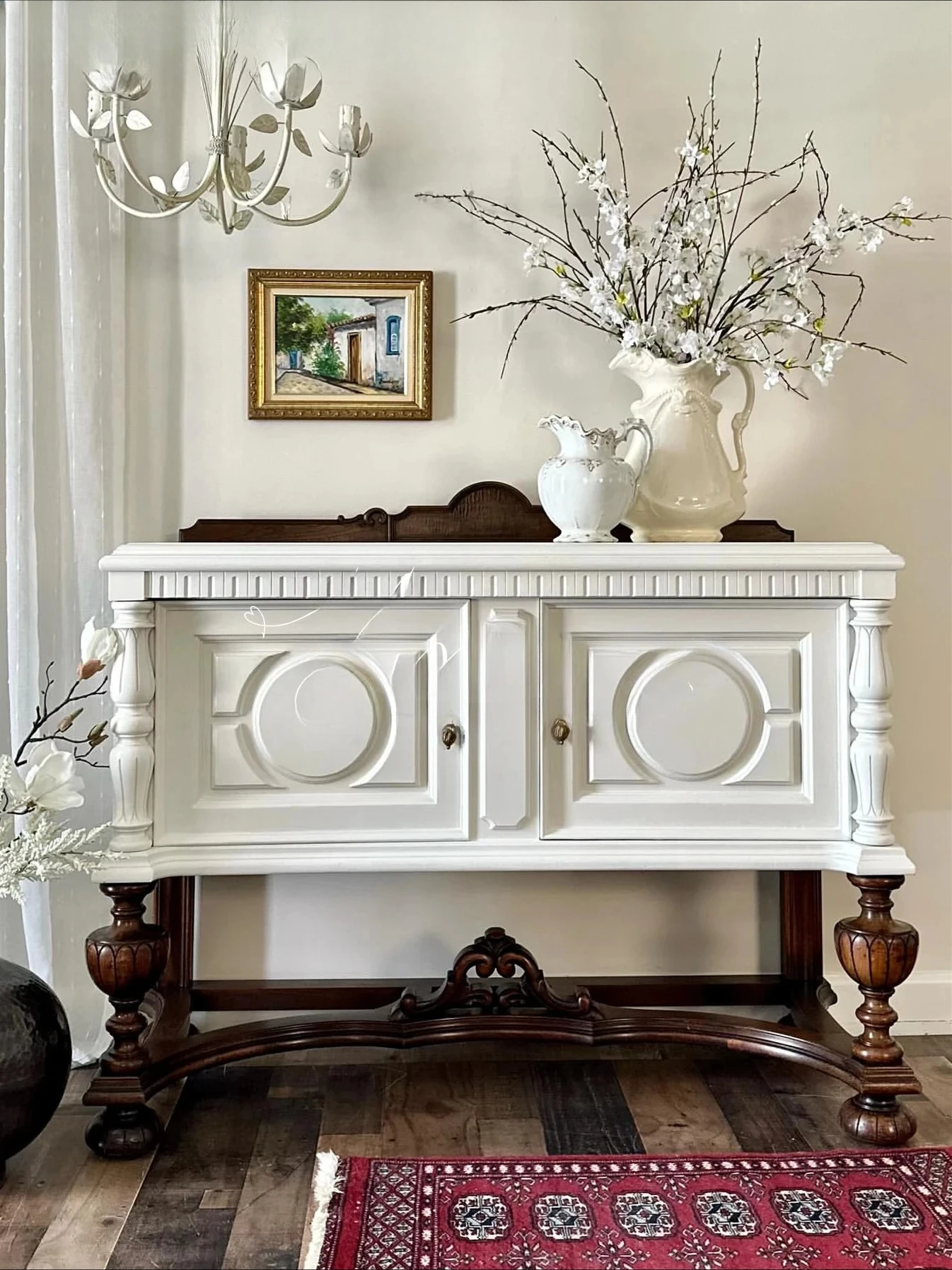 Gabinete de porche tallado con puerta de entrada para sala de estar, villa de madera maciza retro francesa