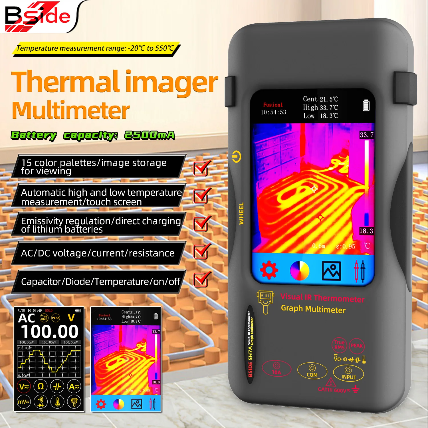 Bside sh7a multímetro termovisor 320*320 resolução 3.98 polegadas tocável 15 paletas de cores reparo de placa de circuito