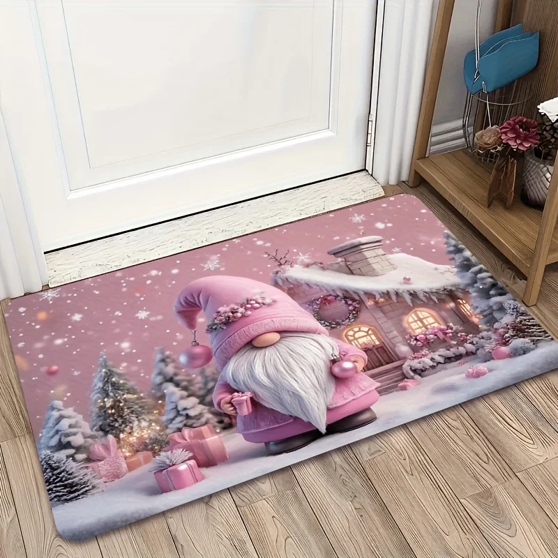 Pink Christmas Gnome Snowy Cabin Gift Ornament Snowflake Flannel Doormat Anti Slip Front Door Mat Holiday Entrance Decor Rug