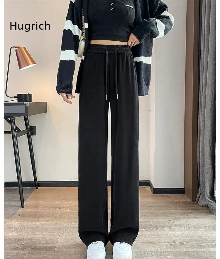 Women Elastic Waist Drawstring Wide Leg Pants Solid Color Ribbed Texture Loose Fit Long Trousers For Daily Casual Street Outfits