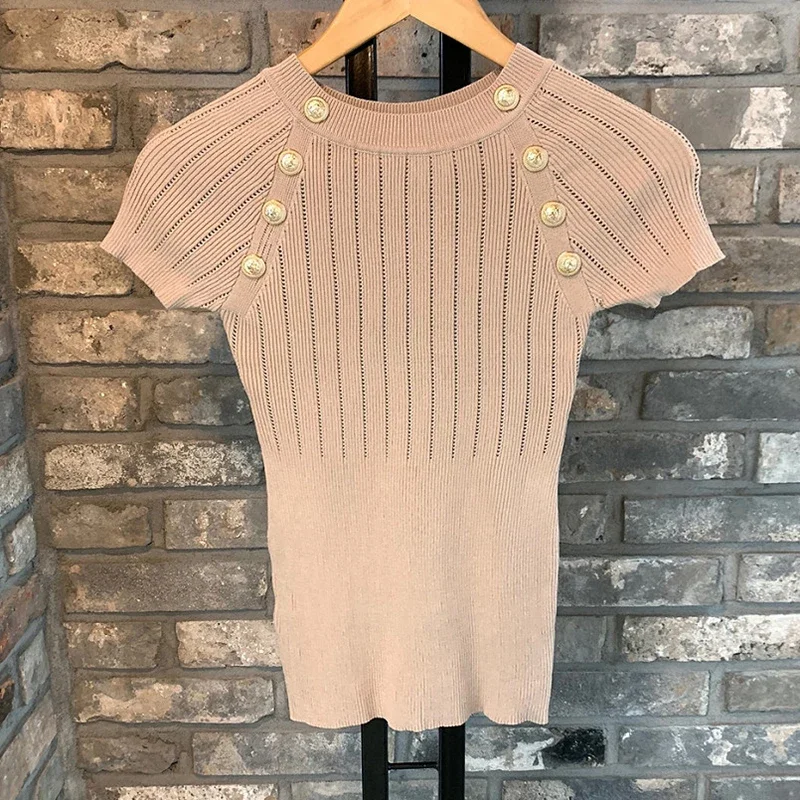Camisola de malha fina camisola feminina verão o pescoço casual botão suéteres feminino sólido elegante manga curta topos femme