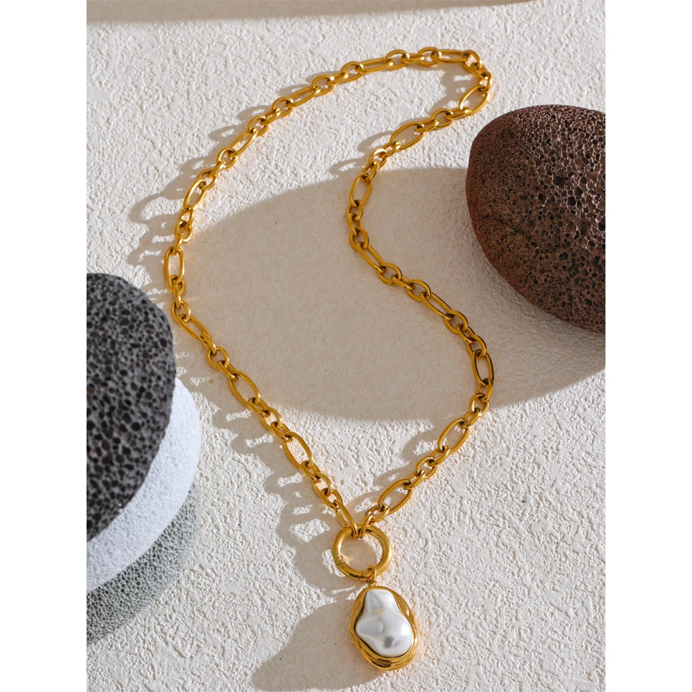 Yhpup 50CM Trendy Baroque Simulated Pearls Golden Pendant Necklace 18K PVD Plated Chain Stainless Steel Fashion Jewelry