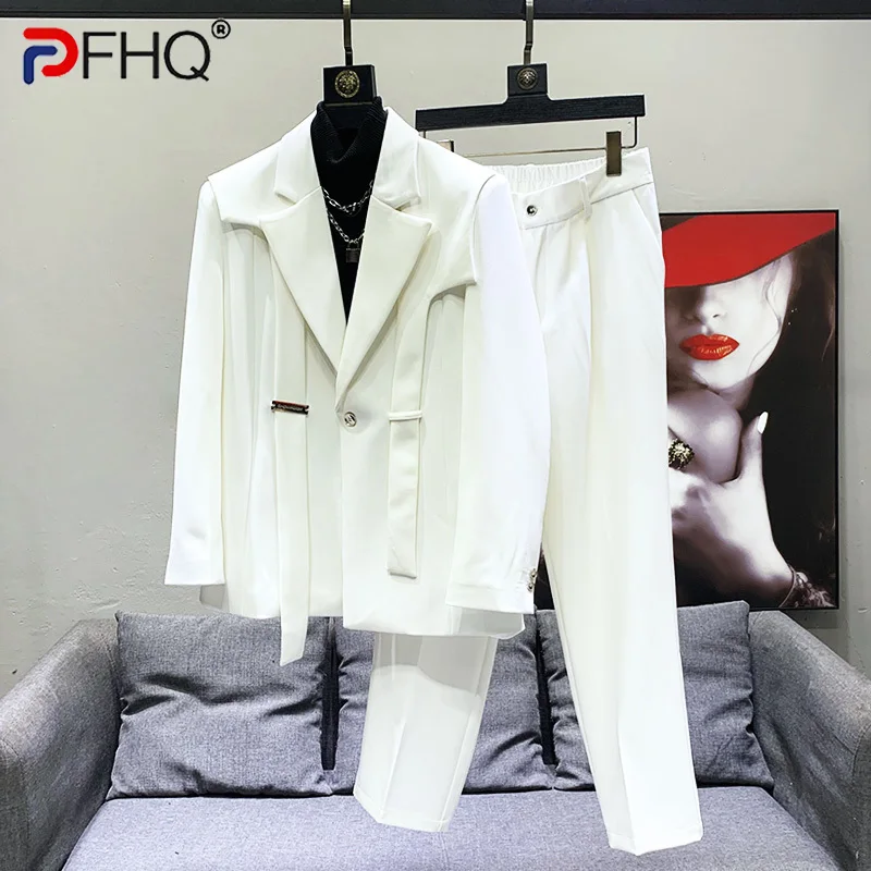 PFHQ-chaquetas de traje con cinta, pantalones de pierna ancha, conjunto de dos piezas para hombre, corte holgado de alta calidad, tendencia al aire