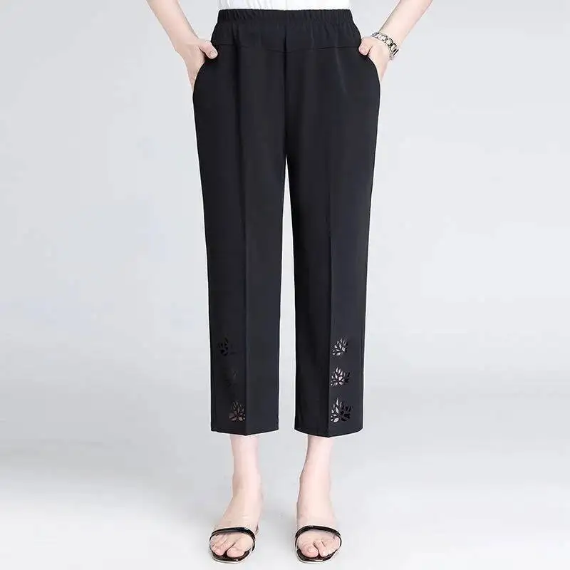 Women Capris Pants 2025 Women's Summer Breeches Casual High Waist Cropped Pants Woman Hollow Out Straight Calf-Length Trousers