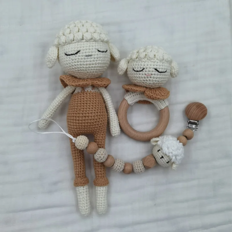 Baby Fopspeen Clip Gehaakte Schapen Tafelbel Tandjes Rammelaar Dummy Chain Jongen Meisje Unisex Bijtring Baby Douche Cadeau