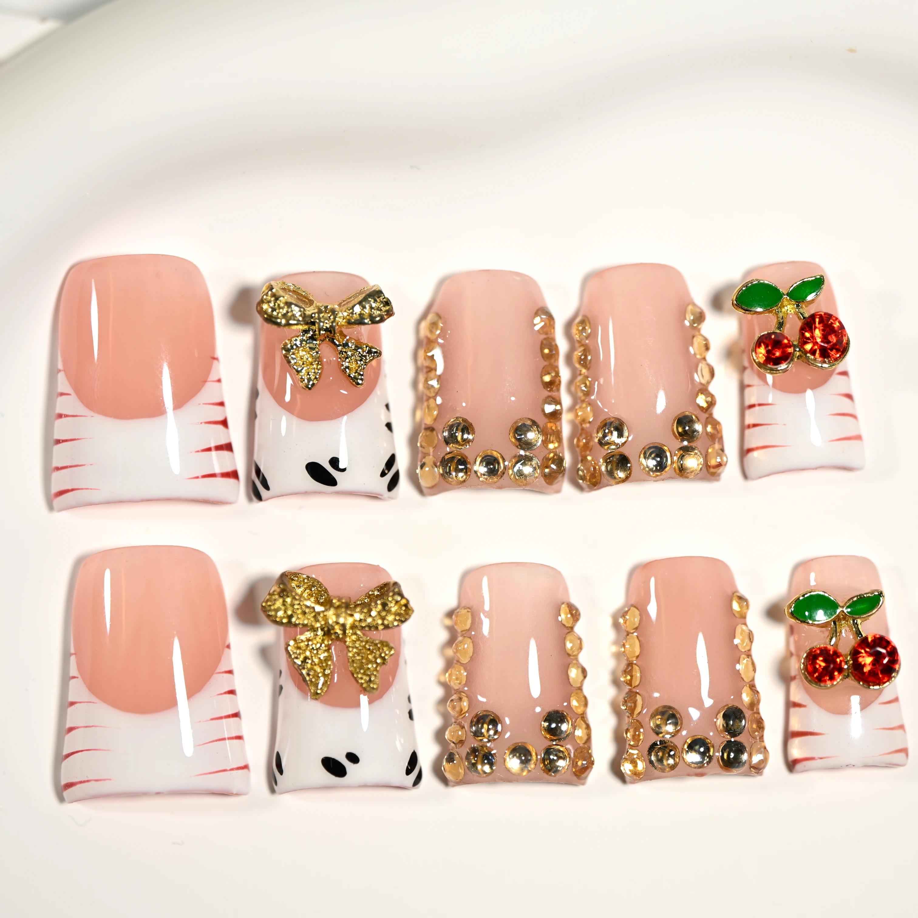 

Handmade Short Duckbill Press On Nails, Pink & White With Cherry & Rhinestone Details, Ideal For Girly Gatherings & Casual Chic