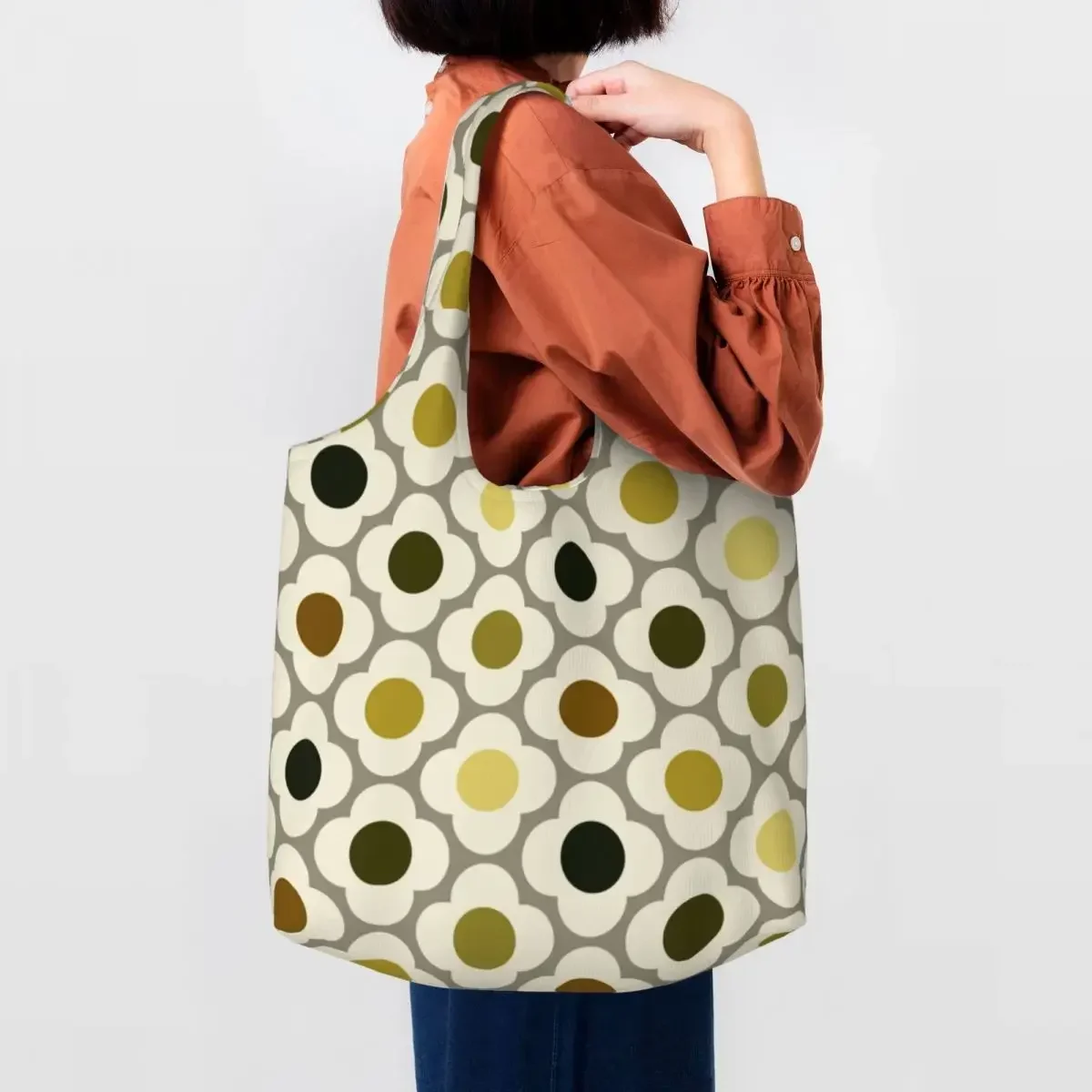 Custom Orla Kiely Spot Flower Yellow Groceries Shopping Bags Canvas Shopper Tote Shoulder Bags Big Capacity Durable Handbag