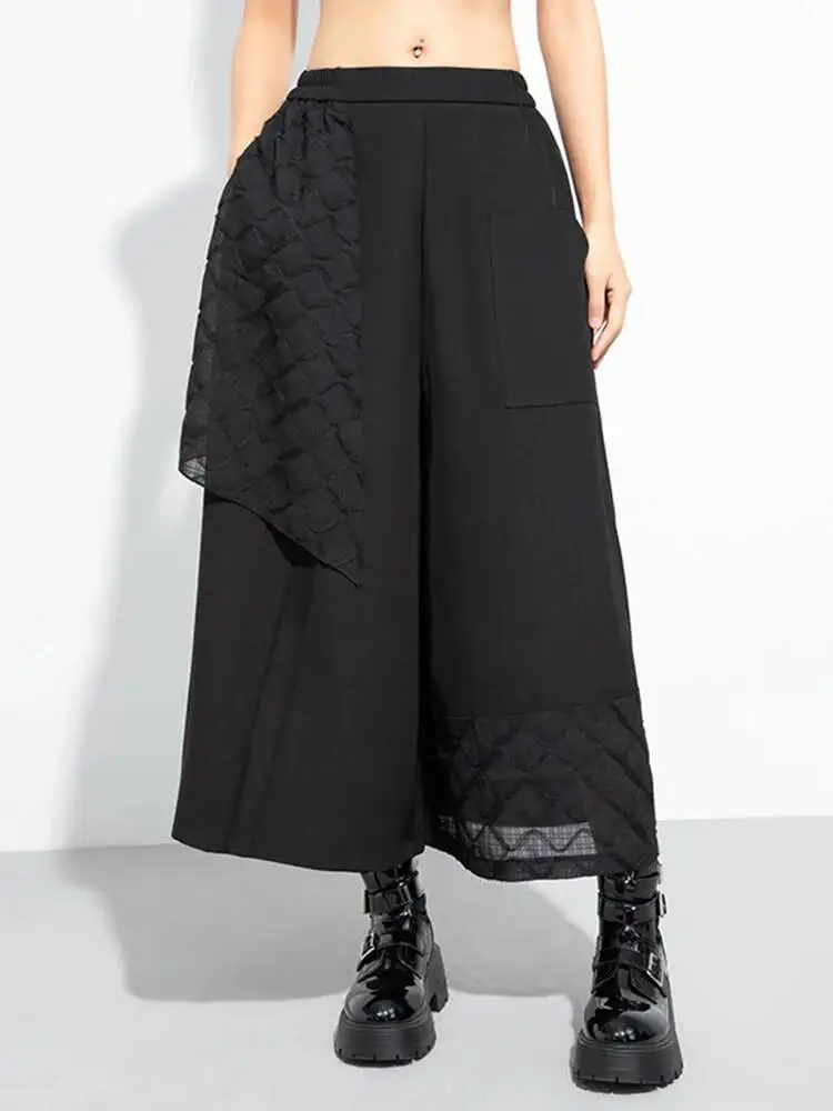 

Новые женские модные брюки с высокой эластичной талией, черные, с асимметричными вставками, широкие штанины, весна-осень