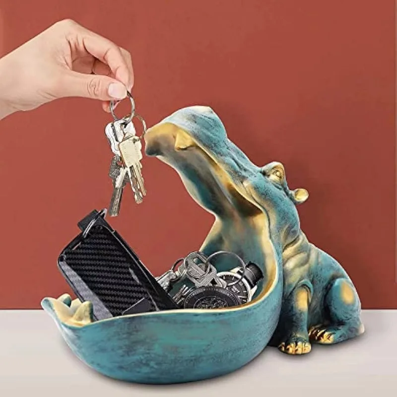 Hippo Statue Resin Hippopotamus Figurine Big Mouth Hippo Candy Dish Key Bowl Sculpture for Home Office Desk DecorStorage Box