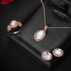 Retro Oval Natural Trendy Romantic Jewelry Sets Necklace Earring Ring Set Fashion Rose Gold Accessories Wedding Gift for Women