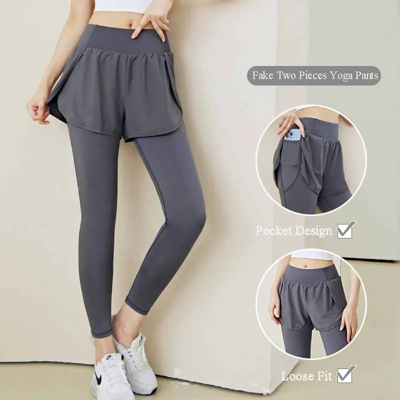 Gym Yoga Pants With Pocket Fitness Fake 2 Pieces Sportswear Training Jogging Tights Women High Waist Sports Leggings With Shorts