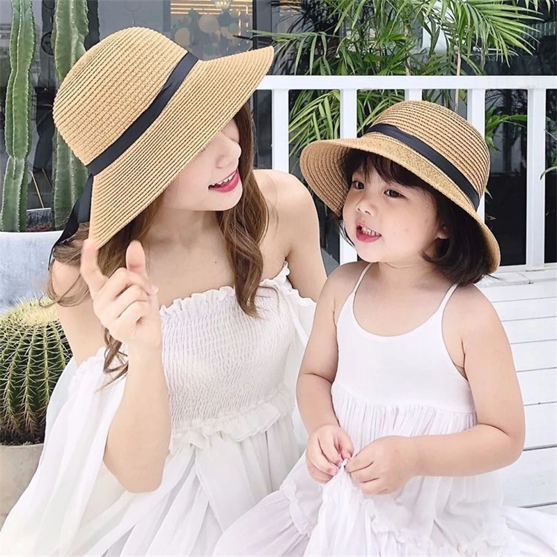 New Summer Parent-Child Bucket Cap Sun Straw Hat Women\'s Flower Wreath Girls Outdoor Beach Travel Sunshade Straw Hat Women Cap