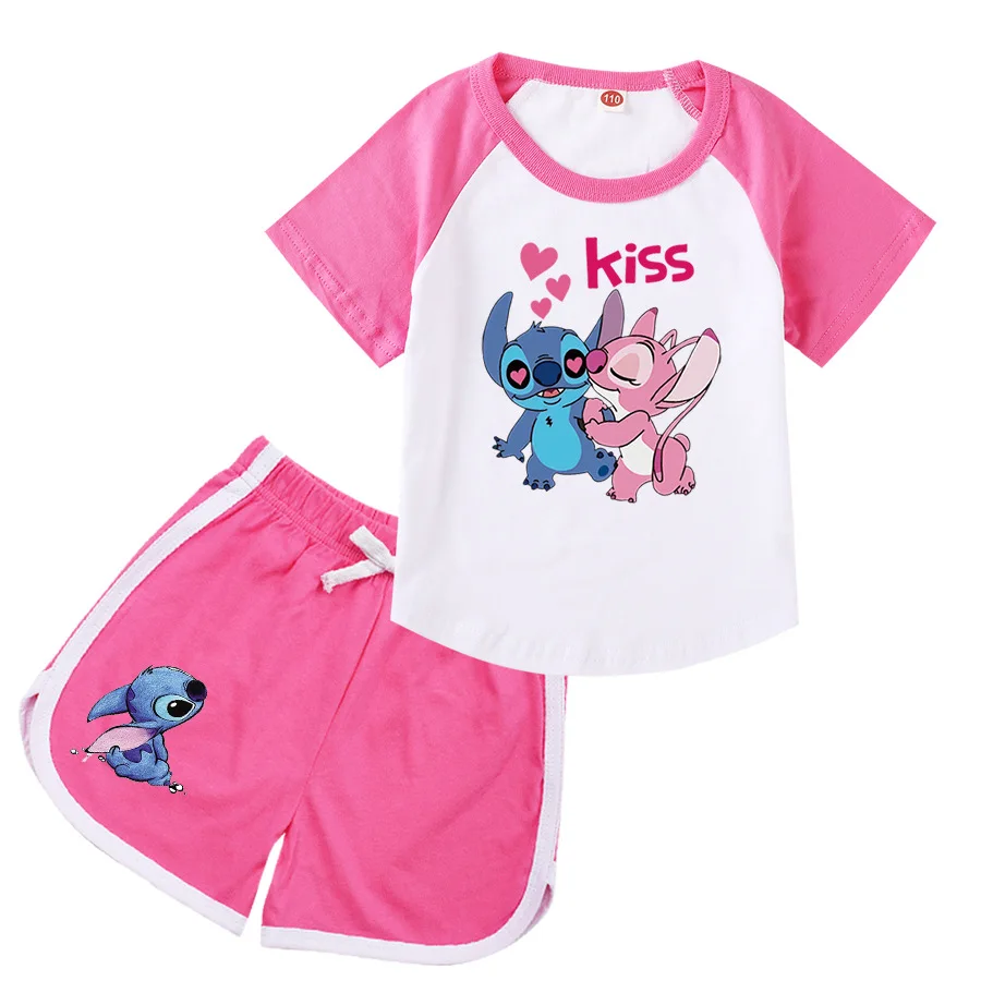 

Lovely Lilo And Stitch Clothes Kids T-shirt Soft Shorts 2Pcs Sets Baby Girls Outfit Sets Teen Boys Short Sleeve TrackSuit 4Color