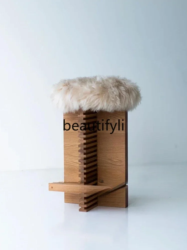 

Medieval home light luxury high chair retro island platform lamb wool chair solid wood bar stool